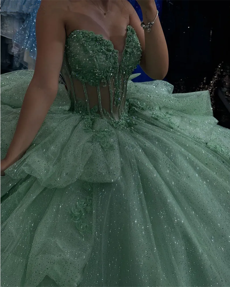 Sage Green Sweetheart Tulle Beads Quinceanera Dress Evening Ball Gown, DP4123