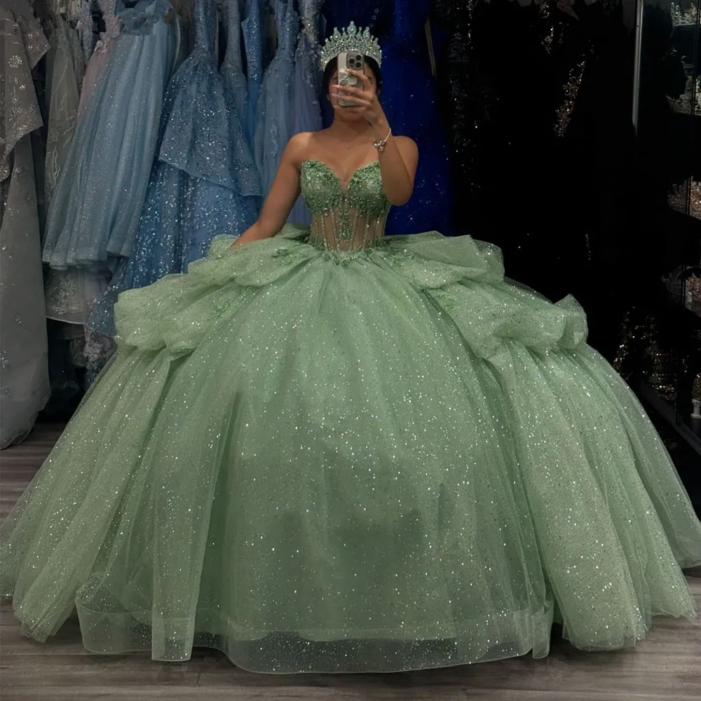 Sage Green Sweetheart Tulle Beads Quinceanera Dress Evening Ball Gown, DP4123