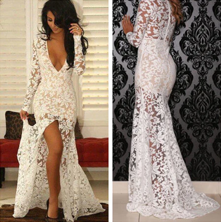 White Deep V-neck Long Sleeves See Through Long Prom Dress,DP951