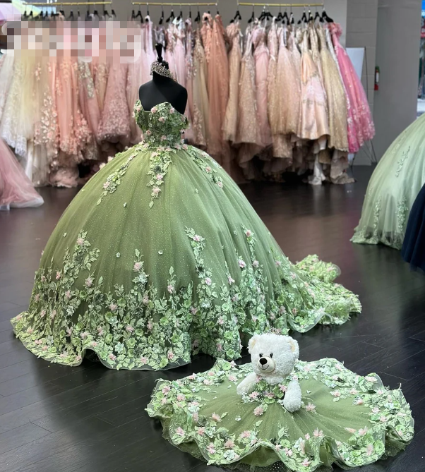 Green Elegant Floral Sweetheart Tulle Ball Gowns Quinceanera Dress with Appliques,DP727