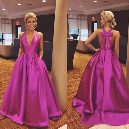 Gorgeous A Line Hot Pink Long with Ribbon Back Satin Deep V Neck Prom Dress,DP0178