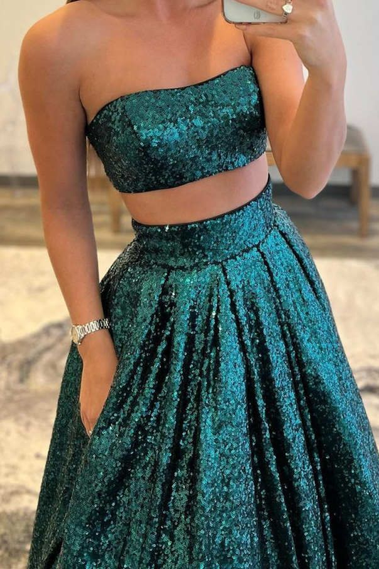 Emerald Green Sequins Two Piece Prom Dress with Pockets,DP0122