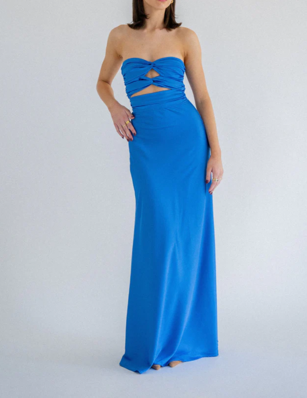 Light Blue Strapless Satin Simple Long Prom Dress, DP2453