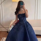 Elegant Navy Blue Applique Bedaed Sweet 16 Quinceanera A-Line Strapless Evening Dress Long Ball Gown DP6948