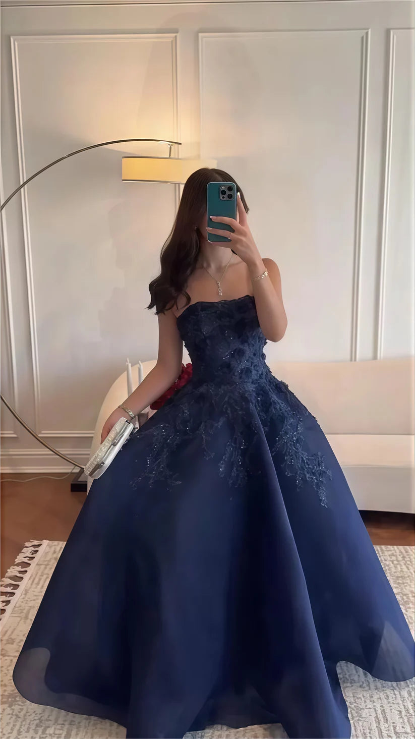 Elegant Navy Blue Applique Bedaed Sweet 16 Quinceanera A-Line Strapless Evening Dress Long Ball Gown DP6948