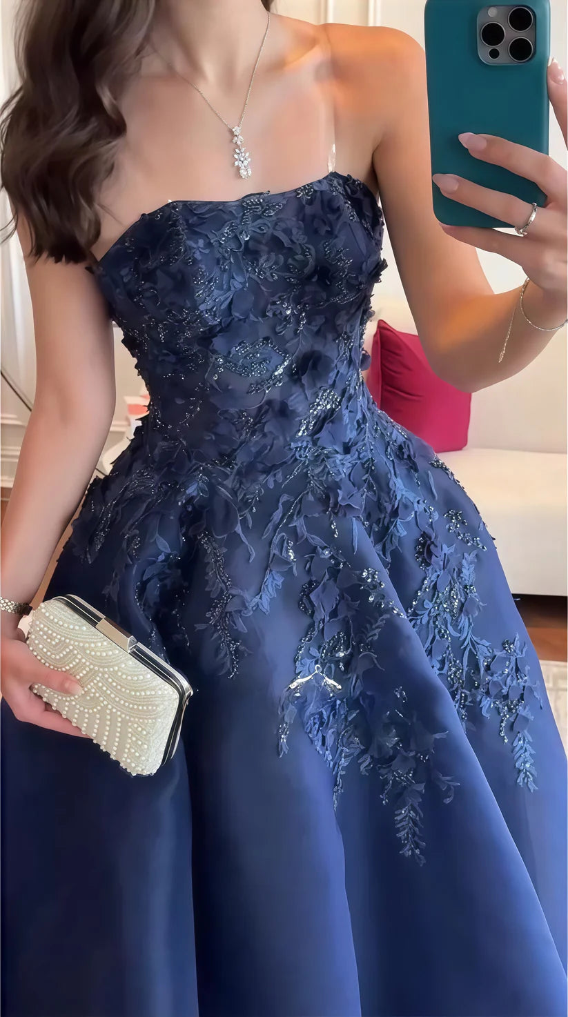 Elegant Navy Blue Applique Bedaed Sweet 16 Quinceanera A-Line Strapless Evening Dress Long Ball Gown DP6948
