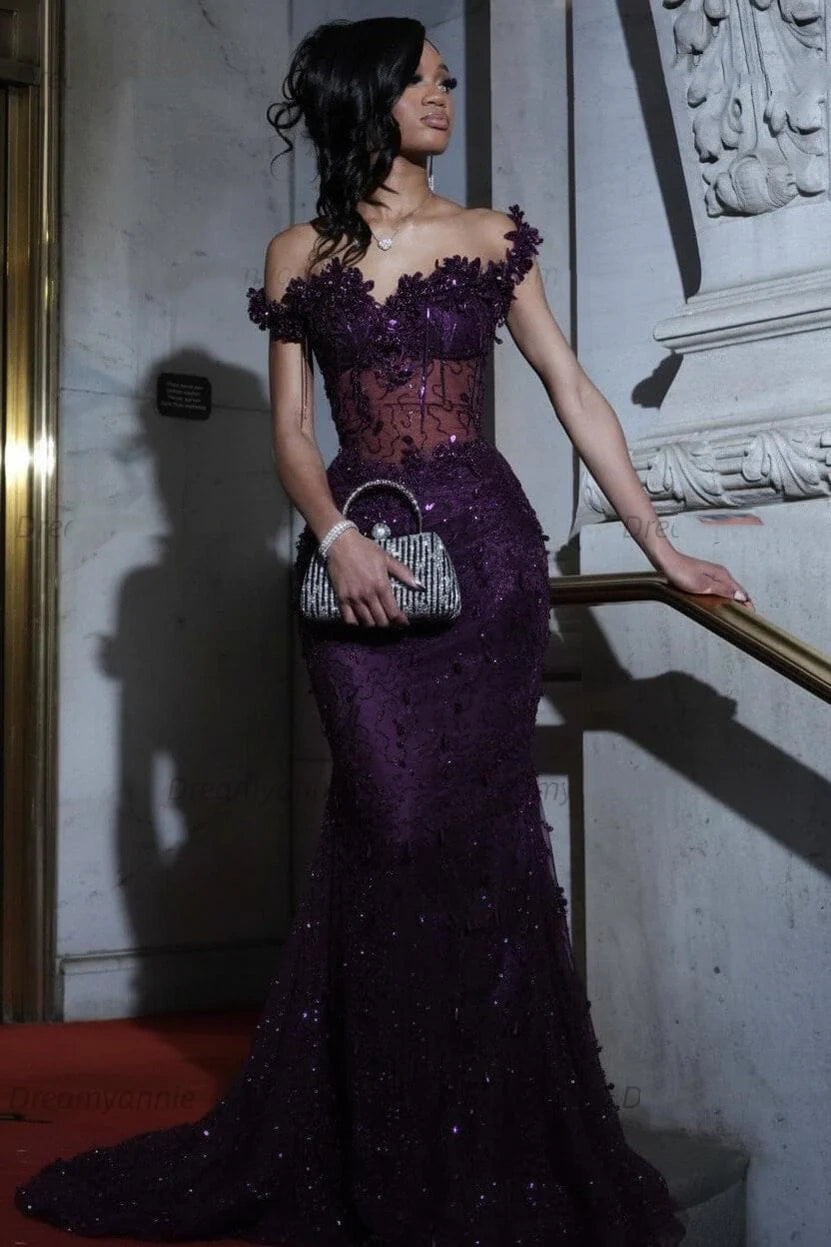 Elegant Off-the-Shoulder Sheer Corset Mermaid Prom Dress 3D Floral Beaded Evening Gown DP8221