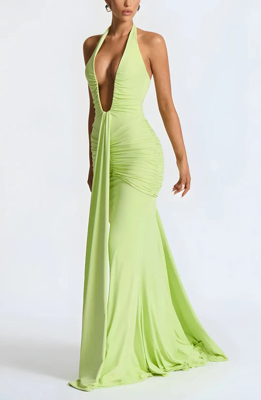 Sexy Chiffon Prom Dress Sheath Halter-neck Evening Dress Long Formal Dress DP6694