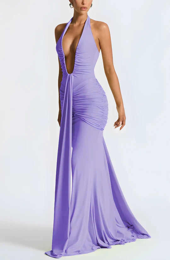 Sexy Chiffon Prom Dress Sheath Halter-neck Evening Dress Long Formal Dress DP6694