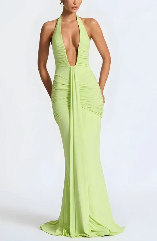 Sexy Chiffon Prom Dress Sheath Halter-neck Evening Dress Long Formal Dress DP6694