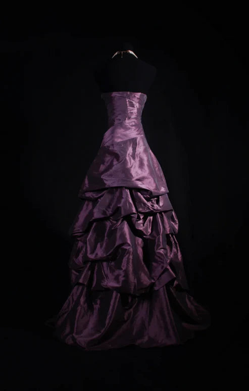 Vintage Purple Strapless Prom Dress A-Line Tiered Satin Evening Gown DP7147