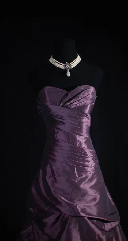 Vintage Purple Strapless Prom Dress A-Line Tiered Satin Evening Gown DP7147