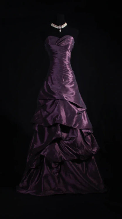 Vintage Purple Strapless Prom Dress A-Line Tiered Satin Evening Gown DP7147