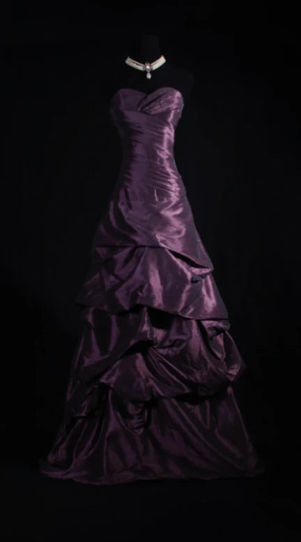 Vintage Purple Strapless Prom Dress A-Line Tiered Satin Evening Gown DP7147