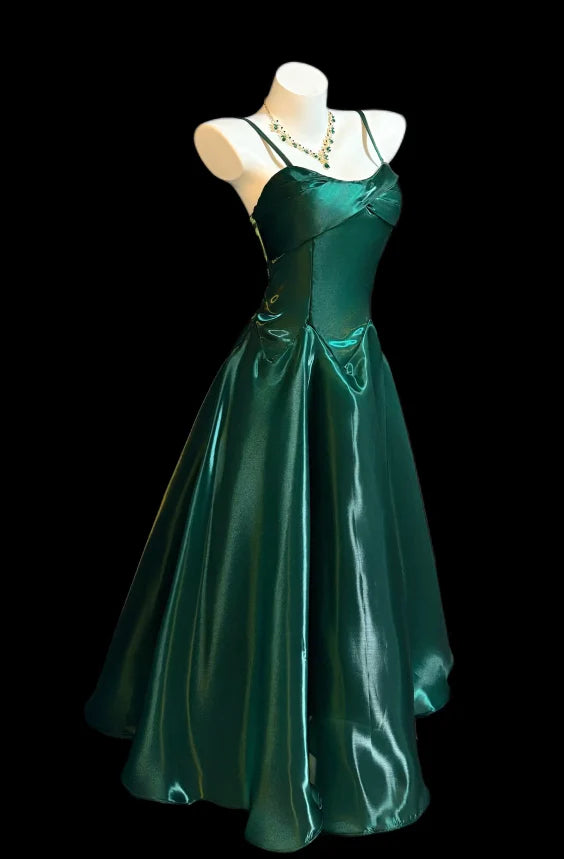 Elegant Emerald Green Spaghetti Strap Satin A-Line Long Prom Evening Dress DP8659
