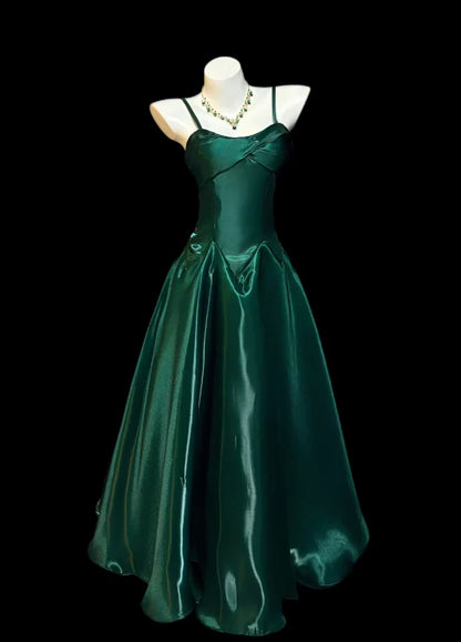 Elegant Emerald Green Spaghetti Strap Satin A-Line Long Prom Evening Dress DP8659