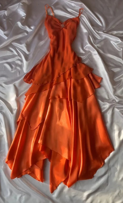 Elegant Orange Spaghetti Strap Beaded Tiered Ruffle A-Line Prom Evening Dress DP8661