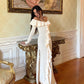 Ivory Off Shoulder Ruffle Long Party Dress with Slit,DP1824