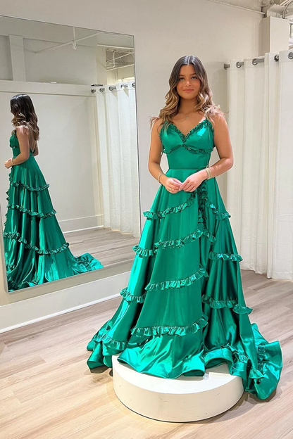 Green Straps Ruffles V Neck A-Line Long Prom Dress, DP2009