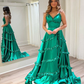 Green Straps Ruffles V Neck A-Line Long Prom Dress, DP2009