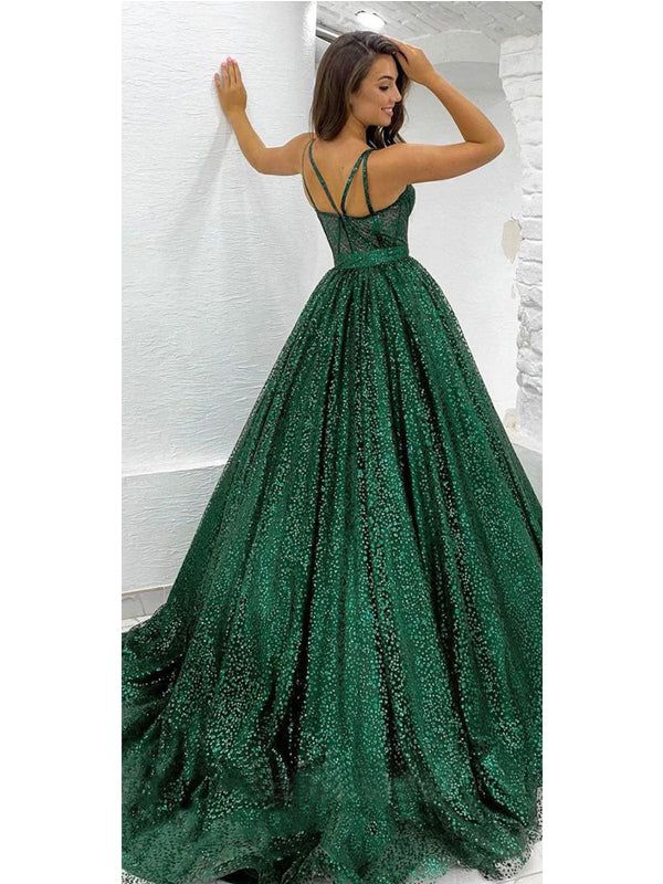 Sparkly Green A-line Spaghetti Straps Maxi Long Prom Dresses Evening Dresses,DP0130