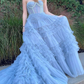 Princess Blue Strapless Tiered Tulle Prom Gown,DP0195