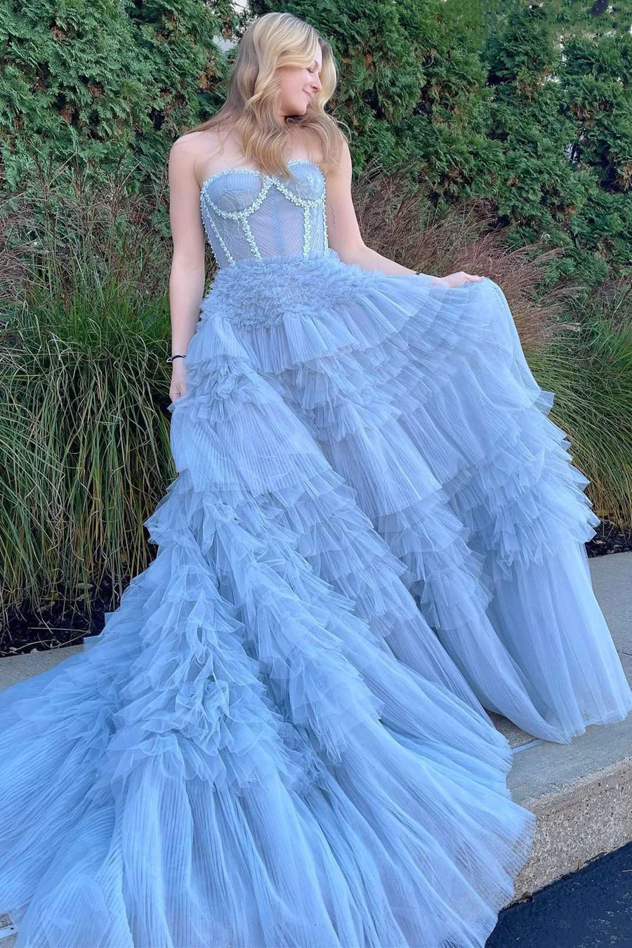 Princess Blue Strapless Tiered Tulle Prom Gown,DP0195