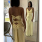 Vintage Gelb V-Ausschnitt Meerjungfrau Satin Spaghettiträger Partykleid Abendkleid Brautjungfernkleid DP6304