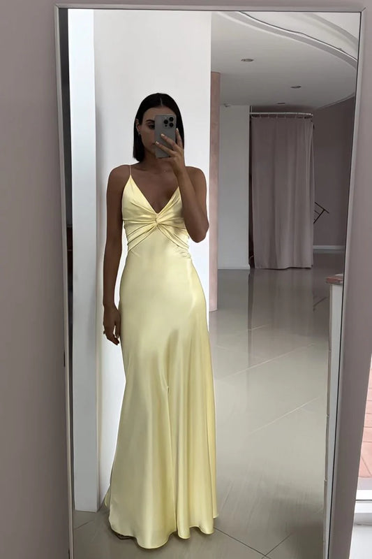 Vintage Yellow V-neck Mermaid Satin Spaghetti Strap Party Dress Evening Gown Bridesmaid Dress DP6304
