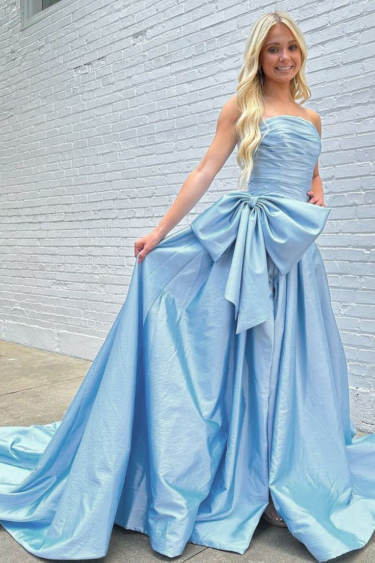 A-Line Strapless Light Blue Satin Long Prom Dress with Bow,DP0230