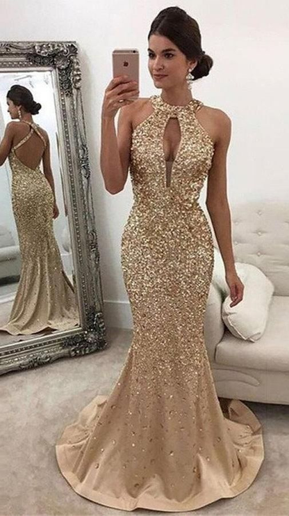 Mermaid Sleeveless Halter Sequins Golden Open Back Sweep Train Satin Prom Dresses,DP0246