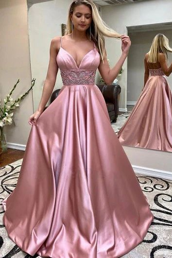 Romantic Satin A Line Spaghetti Sleeveless Evening Dress With Straps Beading,DP0206