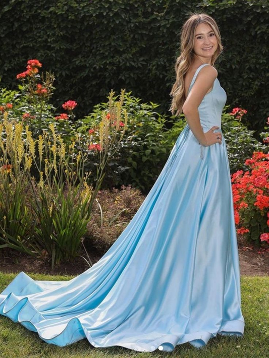 Long Blue Satin Prom Dress Formal Evening Gowns,DP0135