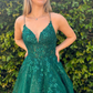 Dark Green V Neck Lace-Up Beaded Appliques Tulle Long Prom Dress with Slit,DP021