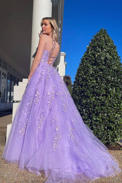 A Line Open Back Purple Lace Long Prom Dresses Formal Evening Dresses,DP0215