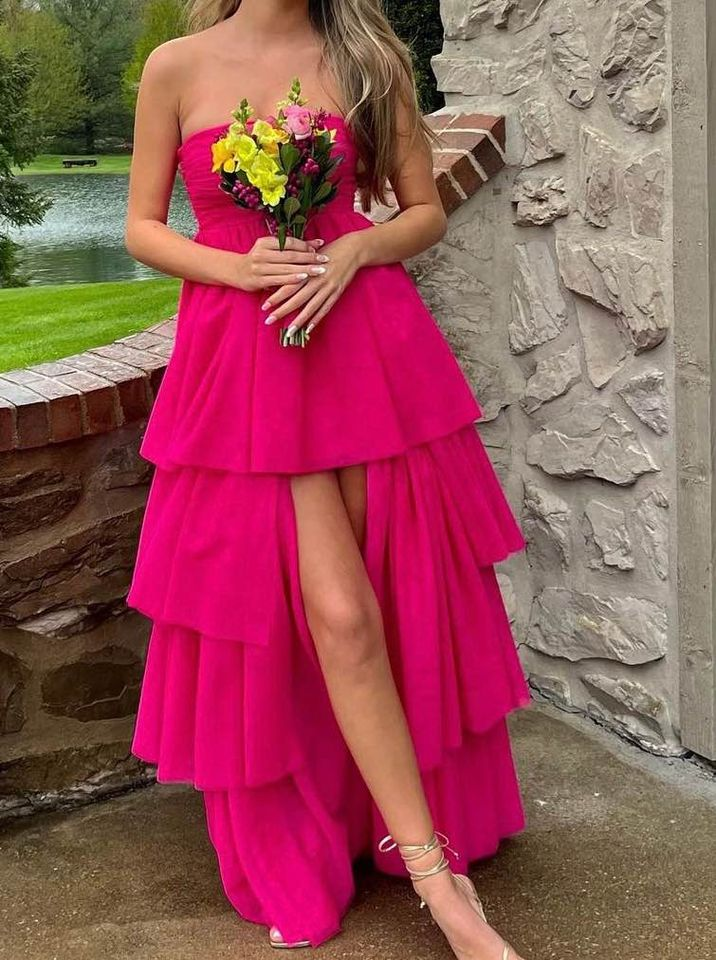 Hot Pink A-Line Strapless Layers Cute Party Dress, DP2581