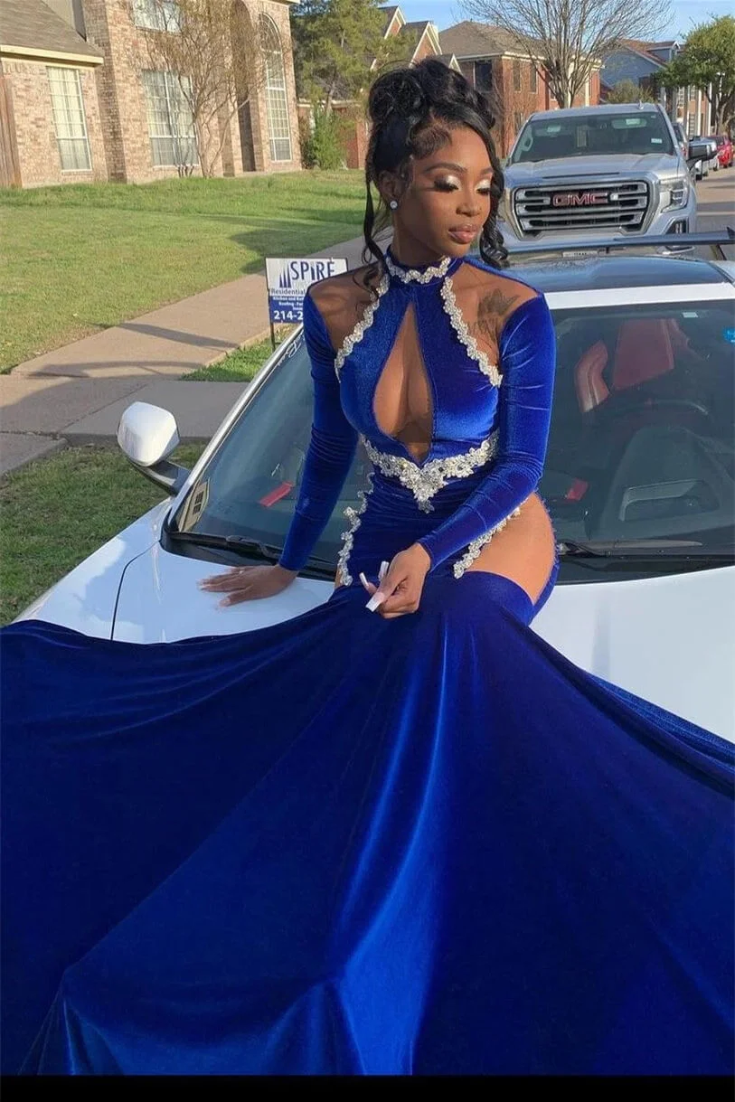 Royal Blue High Neck Long Sleeves Black Girl Mermaid Prom Dress, DP2655