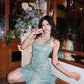 Fashion Mint Green Sparkling Sequin Spaghetti Strap Ruffled Hem Short 16th Birthday Party Dress Homecoming Dress DP6040