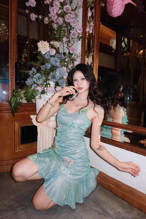 Fashion Mint Green Sparkling Sequin Spaghetti Strap Ruffled Hem Short 16th Birthday Party Dress Homecoming Dress DP6040