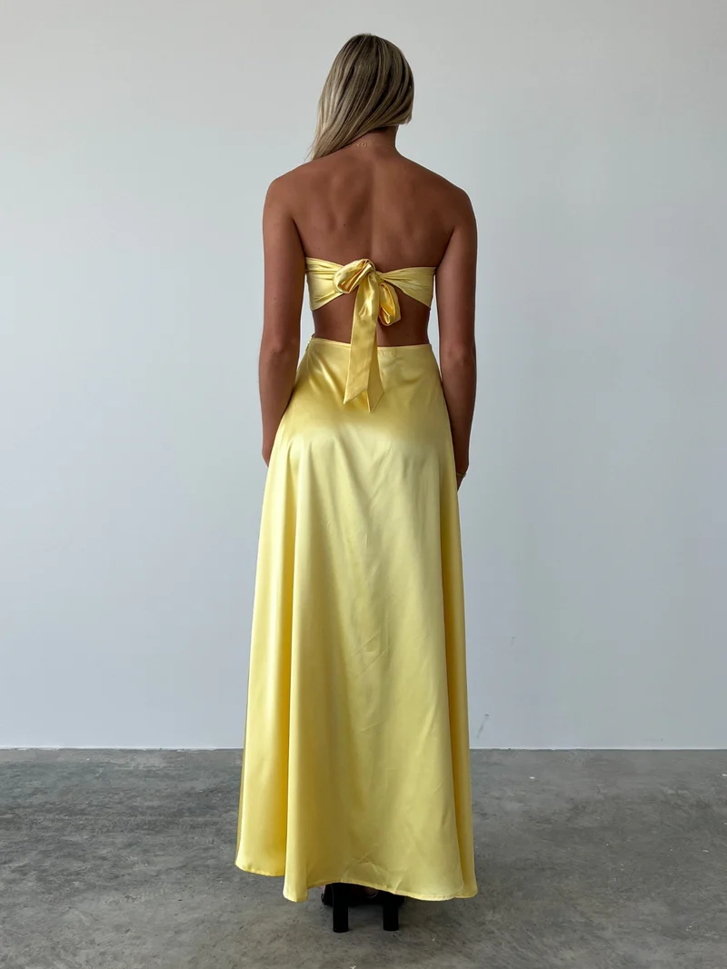 Yellow Strapless Cute Satin Simple A-Line Long Party Dress, DP2484