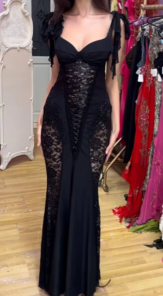 Sexy Black Sweatheart Lace Mermaid Evening Dress Long Prom Dress, DP2582