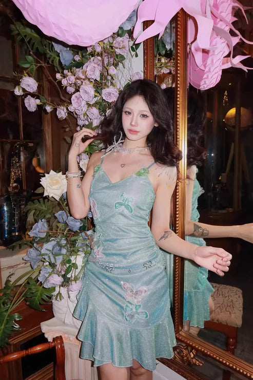 Fashion Mint Green Sparkling Sequin Spaghetti Strap Ruffled Hem Short 16th Birthday Party Dress Homecoming Dress DP6040
