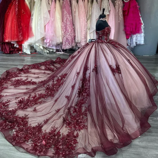 Burgundy Princess Luxury Quinceanera Dresses Beaded Floral Applique Corset Sweet 16 Chapel Train, DP2398