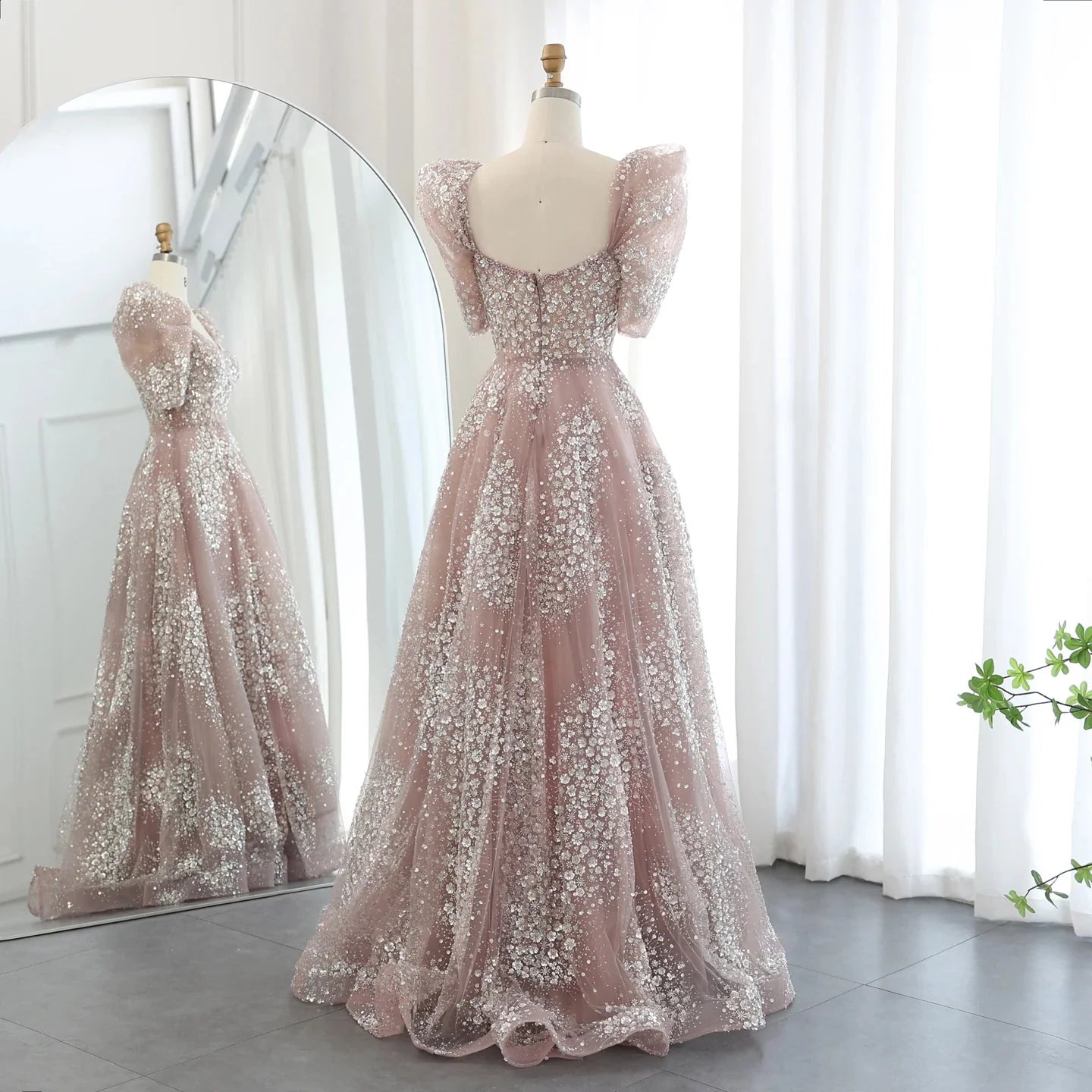 Wunderschönes, funkelndes, mit Perlen besetztes Pailletten-Kurzarm-A-Linien-Ballkleid, Abendkleid, DP6542