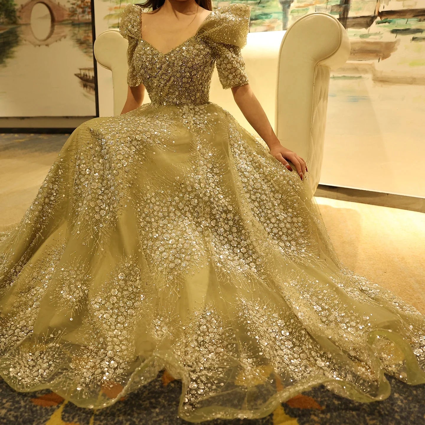 Wunderschönes, funkelndes, mit Perlen besetztes Pailletten-Kurzarm-A-Linien-Ballkleid, Abendkleid, DP6542