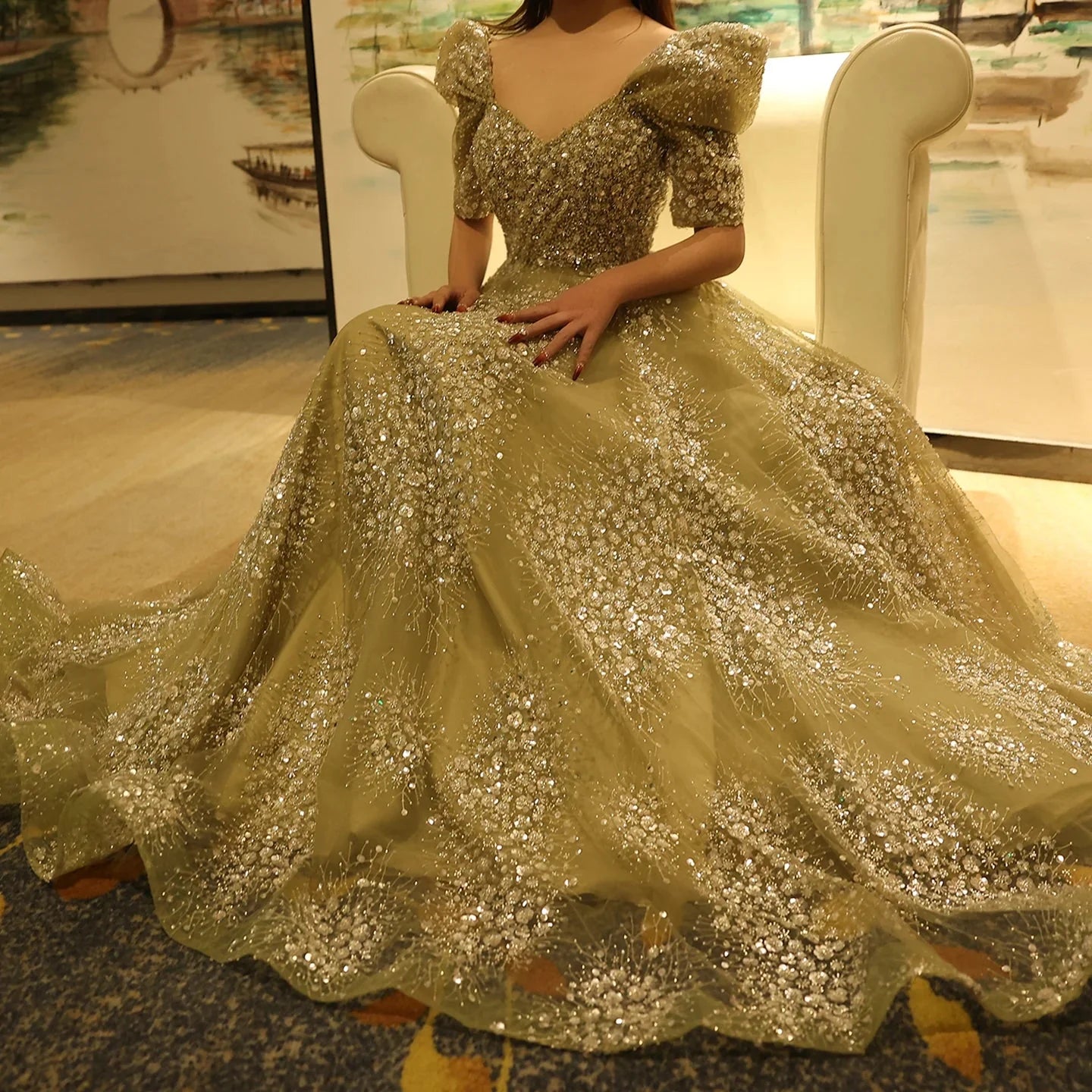 Wunderschönes, funkelndes, mit Perlen besetztes Pailletten-Kurzarm-A-Linien-Ballkleid, Abendkleid, DP6542