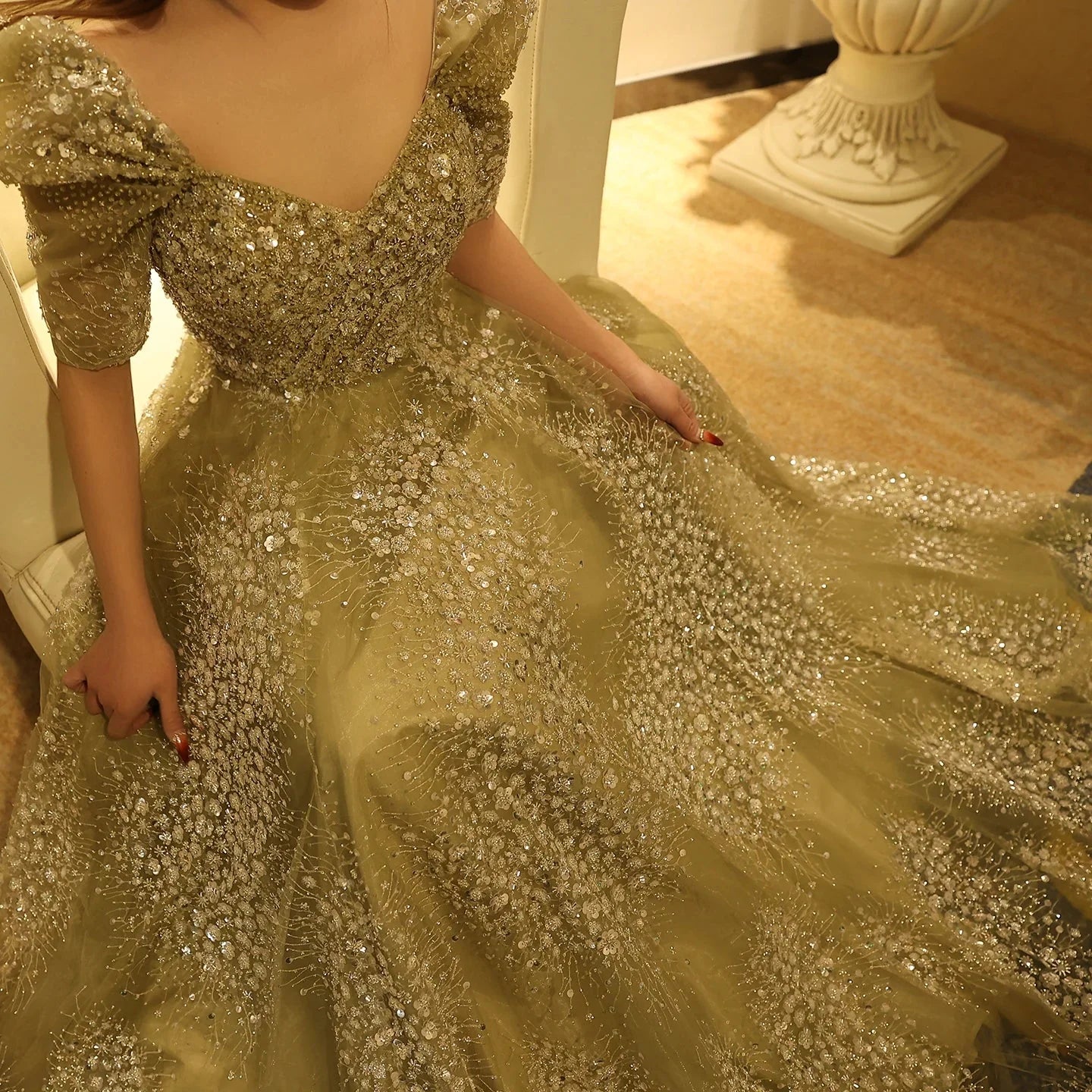 Wunderschönes, funkelndes, mit Perlen besetztes Pailletten-Kurzarm-A-Linien-Ballkleid, Abendkleid, DP6542
