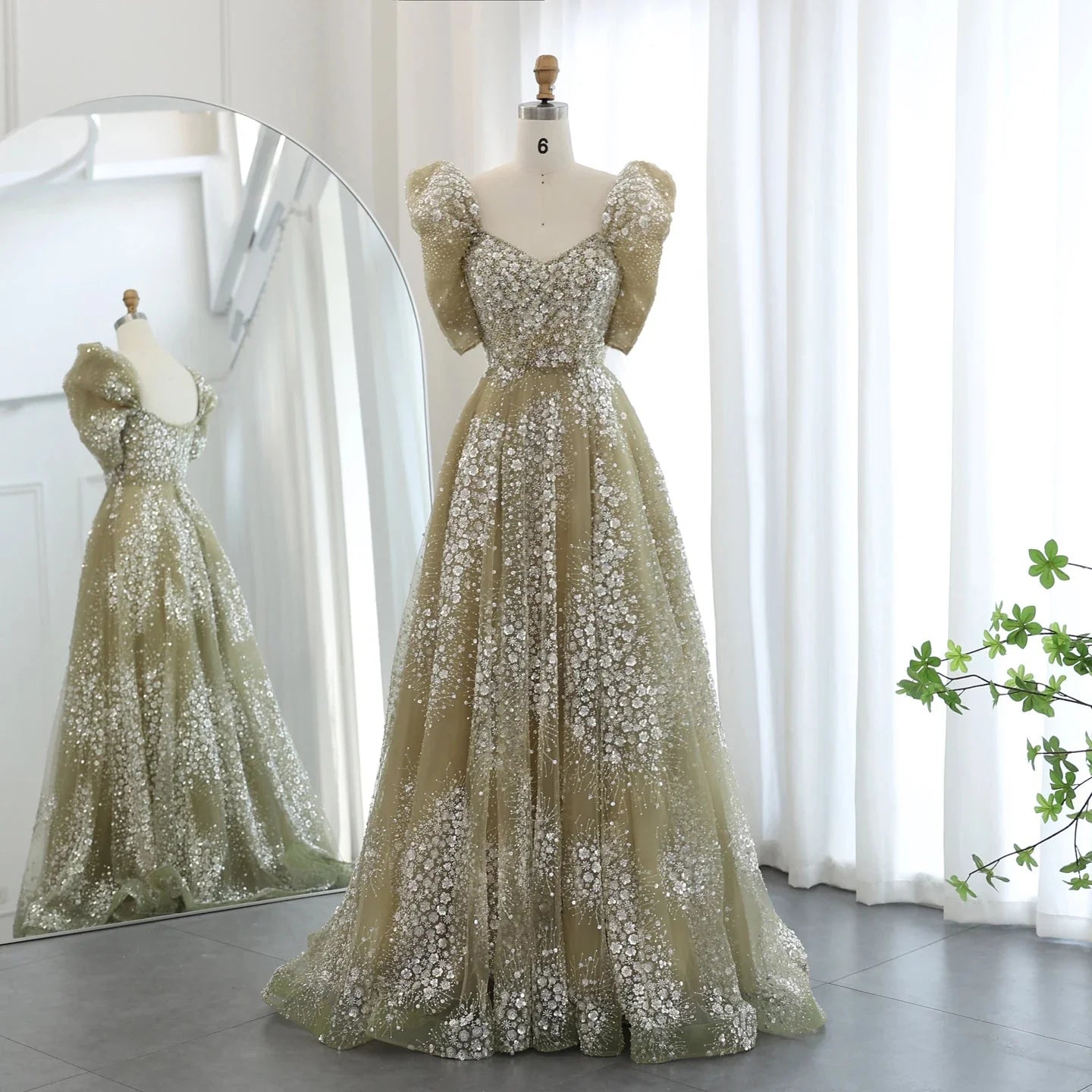 Wunderschönes, funkelndes, mit Perlen besetztes Pailletten-Kurzarm-A-Linien-Ballkleid, Abendkleid, DP6542