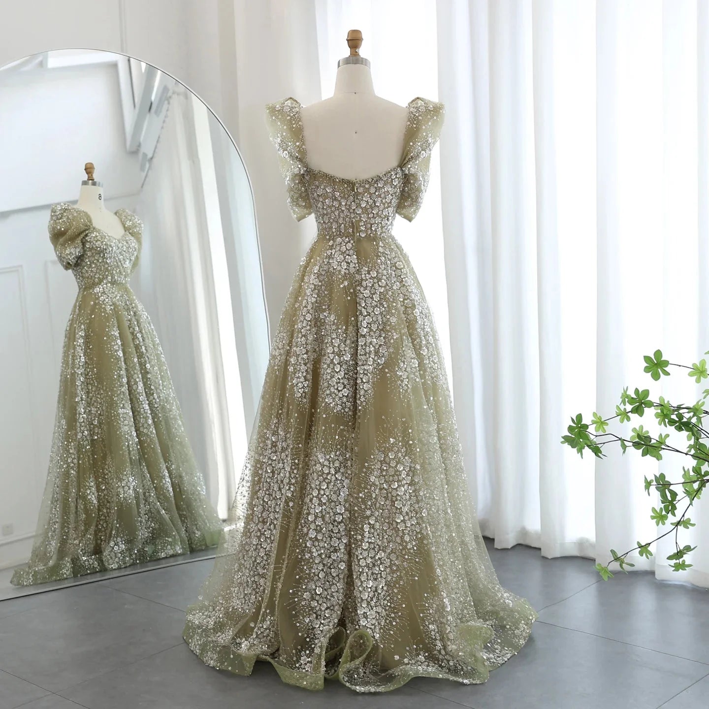 Wunderschönes, funkelndes, mit Perlen besetztes Pailletten-Kurzarm-A-Linien-Ballkleid, Abendkleid, DP6542