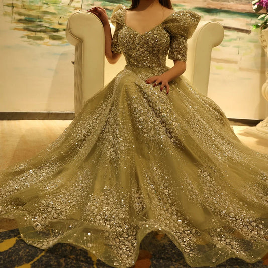 Wunderschönes, funkelndes, mit Perlen besetztes Pailletten-Kurzarm-A-Linien-Ballkleid, Abendkleid, DP6542